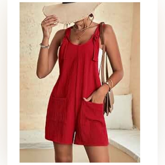 Summer Women's Casual Rompers Knot Front Pocket Patched Overall Romper Medium - Picture 5 of 6